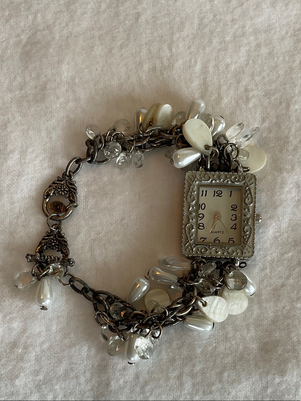 Unica Pearl Charm Silver-Tone Bracelet Watch With Stainless Steel Back